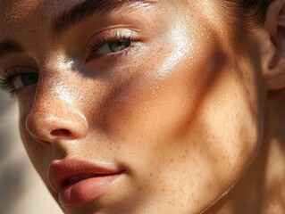 close-up of a woman's face with freckles and sun-kissed skin, applying sheer sunscreen, sunlight shi