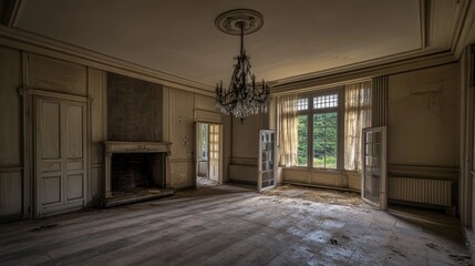 Wall Mural - Abandoned room with a chandelier, large windows, and signs of neglect.