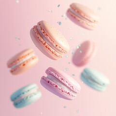 Wall Mural - A colorful arrangement of floating macarons against a soft pink background.