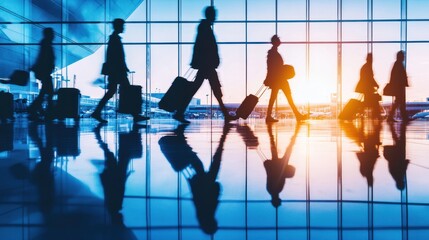 Wall Mural - Silhouetted travelers with luggage against a vibrant airport backdrop at sunset.