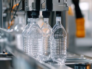 Close-up of Plastic Bottles Being Molded by Automated Machinery, Highlighting the Precision and Speed of Modern Manufacturing Processes