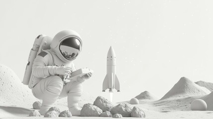 Wall Mural - an astronaut explores a lunar-like landscape with a rocket in the background.
