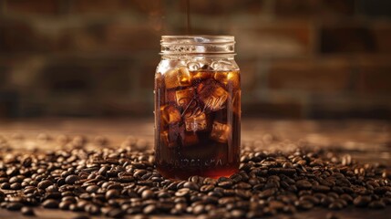 Freshly Brewed Coffee in Rustic Jar on Wooden Table with Coffee Beans