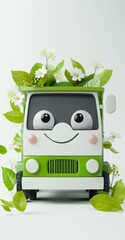 Wall Mural - A cheerful green truck adorned with leaves and flowers, symbolizing eco-friendliness.