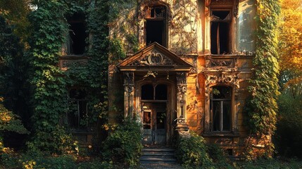 Canvas Print - An abandoned, ivy-covered mansion with intricate architecture and a haunting atmosphere.