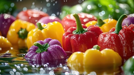 Poster - Colorful bell peppers in water with droplets, showcasing freshness and vibrancy.