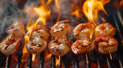 Canvas Print - Grilled shrimp skewers sizzling over an open flame, showcasing a delicious cooking scene.