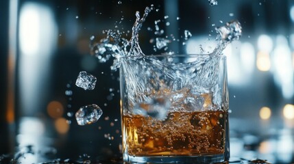 Canvas Print - A splash of ice in a glass of whiskey, highlighting the refreshing drink experience.