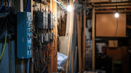 A dimly lit basement with electrical panels and wiring on the wall.