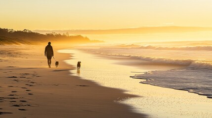 Canvas Print - A person walks a dog along a serene beach at sunset, creating a peaceful atmosphere.