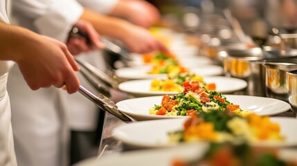 Poster - Chefs plating dishes in a professional kitchen, showcasing culinary artistry and teamwork.