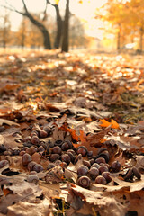 Canvas Print - autumn background. dry fallen leaves and acorns of northern red oak (Quercus rubra) in autumn park, natural abstract backdrop. symbol of fall time. beautiful harmony autumnal sunny landscape