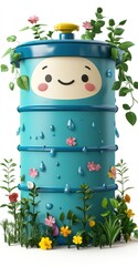 Canvas Print - A cheerful water barrel adorned with plants and flowers, promoting environmental awareness.