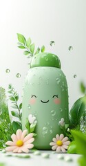 Sticker - A cute green bottle with a smiling face, surrounded by plants and flowers, conveying freshness.