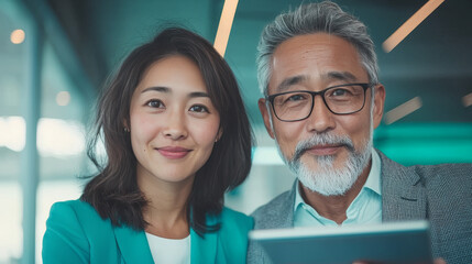 Smiling businesswoman and businessman looking at camera.