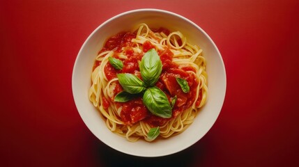 A bowl of spaghetti topped with tomato sauce and fresh basil on a red background.