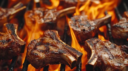 Poster - Grilled meat sizzling over flames, showcasing a vibrant cooking scene.