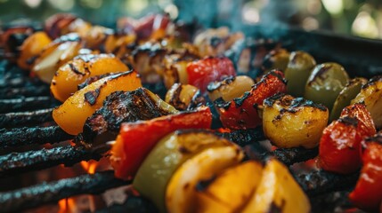 Wall Mural - Grilled vegetables on skewers sizzling over a barbecue, showcasing a vibrant summer meal.