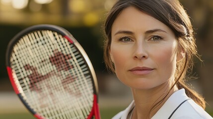 Sticker - A focused woman holding a tennis racket, exuding determination and athleticism.