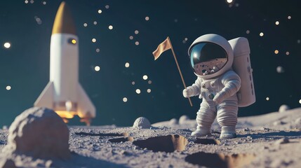 Wall Mural - an astronaut on the moon holding a flag with a rocket in the background.