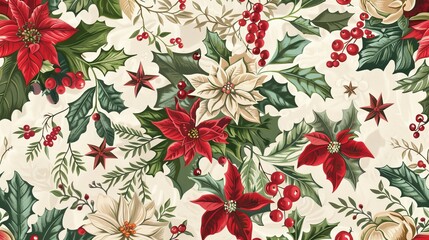 Christmas watercolor illustration, seamless botanical pattern of red Christmas star flowers, green leaves, fir and red berries on white background, for printing on fabric or wrapping paper