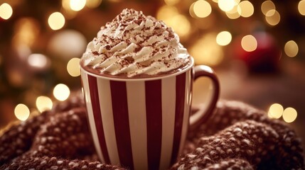 Canvas Print - A cozy cup of hot chocolate topped with whipped cream, set against a festive, blurred background.