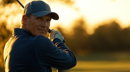 Canvas Print - A golfer preparing to swing during a sunset, showcasing focus and determination.