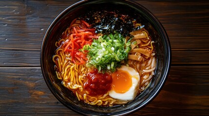 Poster - A bowl of ramen topped with egg, vegetables, and sauces, showcasing a delicious meal.