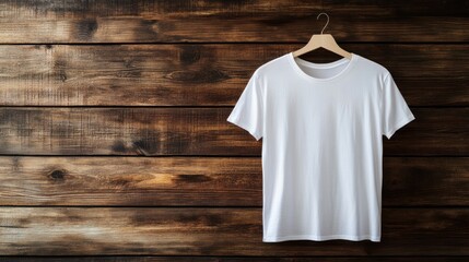 Poster - A plain white t-shirt hanging on a wooden wall, showcasing simplicity and style.