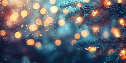 A magical close-up of Christmas tree lights glowing warmly with a festive bokeh effect, set against a dusky backdrop, evoking the enchantment of the holiday season.