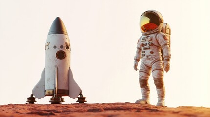 Wall Mural - an astronaut stands beside a small rocket on a barren landscape, symbolizing space exploration.