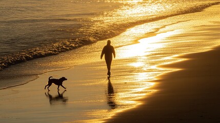 A person walks along a beach at sunset with a dog, creating a serene atmosphere.