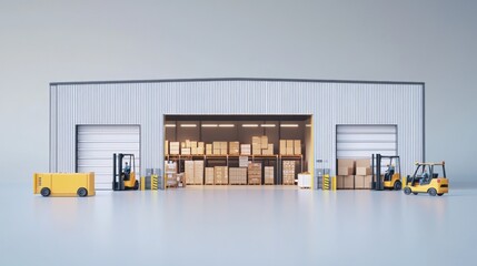 A warehouse scene featuring forklifts and stacked boxes for storage and logistics.