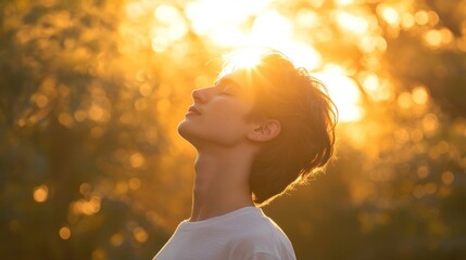 Wall Mural - A serene portrait of a person basking in golden sunlight, evoking tranquility and reflection.