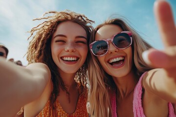 Vertical photo. Two girl friends making a frame with hands. A group of young people is happily celebrating, taking a selfie together. Smiling women having fun during their leisure travel, ai