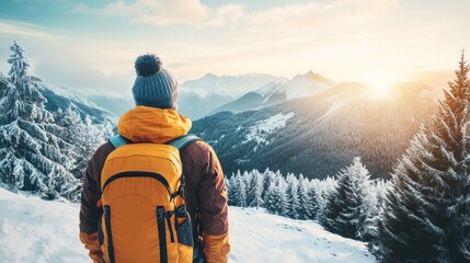 Wall Mural - A person in winter attire gazes at a snowy mountain landscape during sunset.