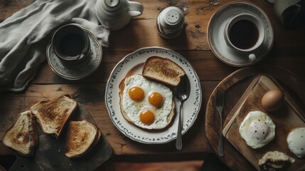 Wall Mural - A cozy breakfast scene featuring eggs, toast, and coffee on a wooden table.