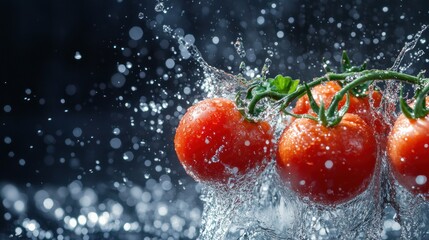 Wall Mural - Fresh tomatoes splashing in water, showcasing freshness and vitality.