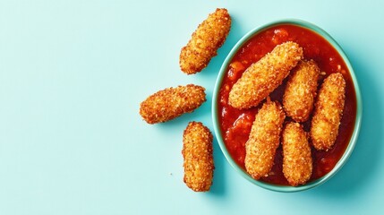 Poster - A bowl of crispy, golden croquettes served with a rich red dipping sauce on a light blue background.