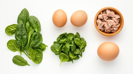 Poster - Ingredients for a healthy meal featuring spinach, eggs, and tuna.