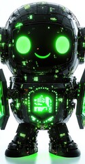 Wall Mural - A futuristic robot character with a smiling face and glowing green elements.