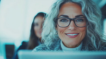 Wall Mural - A smiling woman with gray hair looks at the camera.