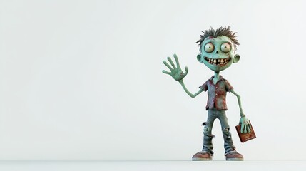 A cartoonish zombie character with a playful demeanor, waving and holding a book.