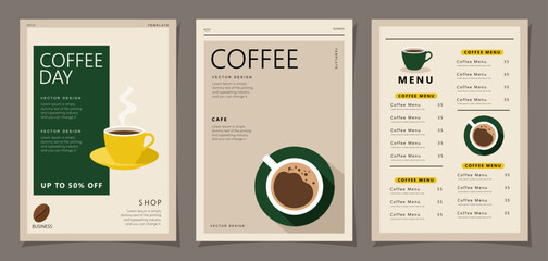 Set of minimal background templates with coffee beans and coffee mug for invitations, cards, banner, brochure, poster, cover, cafe menu or another design. Vector illustration.