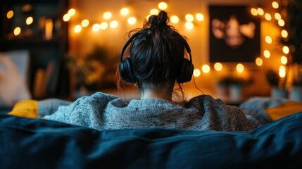 Sticker - A person relaxing on a couch with headphones, surrounded by warm lights.