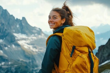 A smiling female traveler with a yellow hiking backpack enjoys the beautiful scenery of the majestic mountains. Travel, adventure. Concept of an active lifestyle, ai