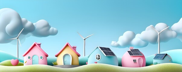 Rural smart grid powered by solar and wind energy - A rural community with houses powered by solar panels, wind turbines in the background, connected to the smart grid