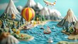 © Alex - Explore the World: A Whimsical 3D Travel Diorama Poster Featuring a Red and Yellow Balloon, Airplane, Tactile Map, and Sailboats – Perfect for Travel Lovers' Sports Interiors!