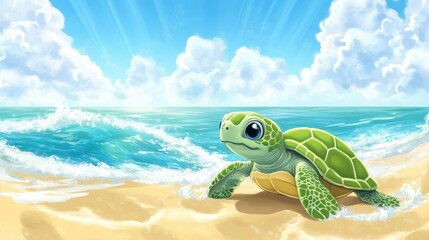 Cartoon baby turtle crawling toward the ocean with ample room for writing in the sky