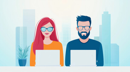 Poster - Smiling man and woman using laptops in office